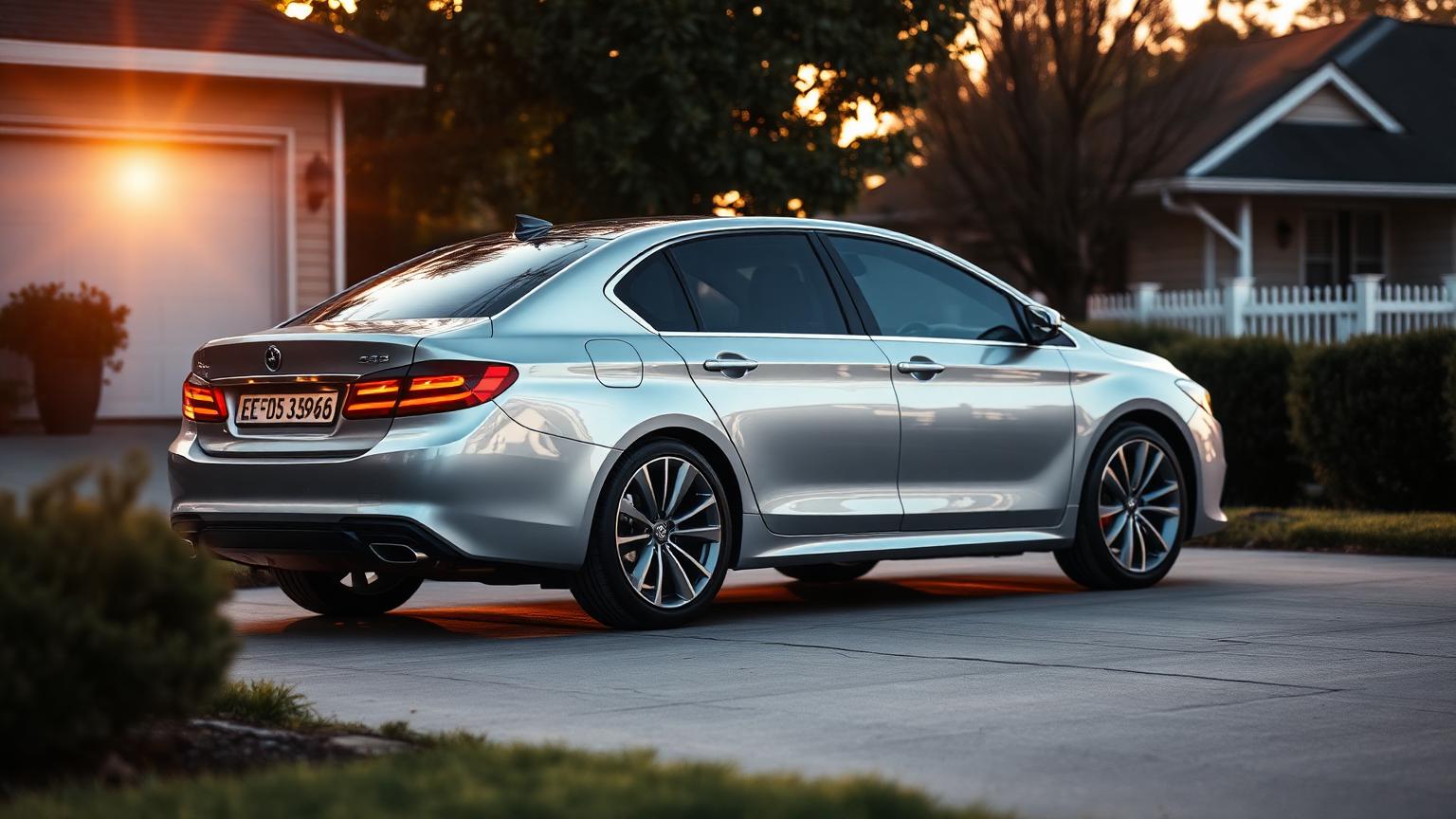 Modern silver sedan parked on a suburban driveway at golden hour