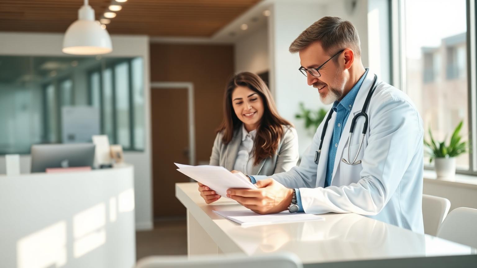 Doctor discussing health insurance paperwork with a patient at a bright modern clinic desk