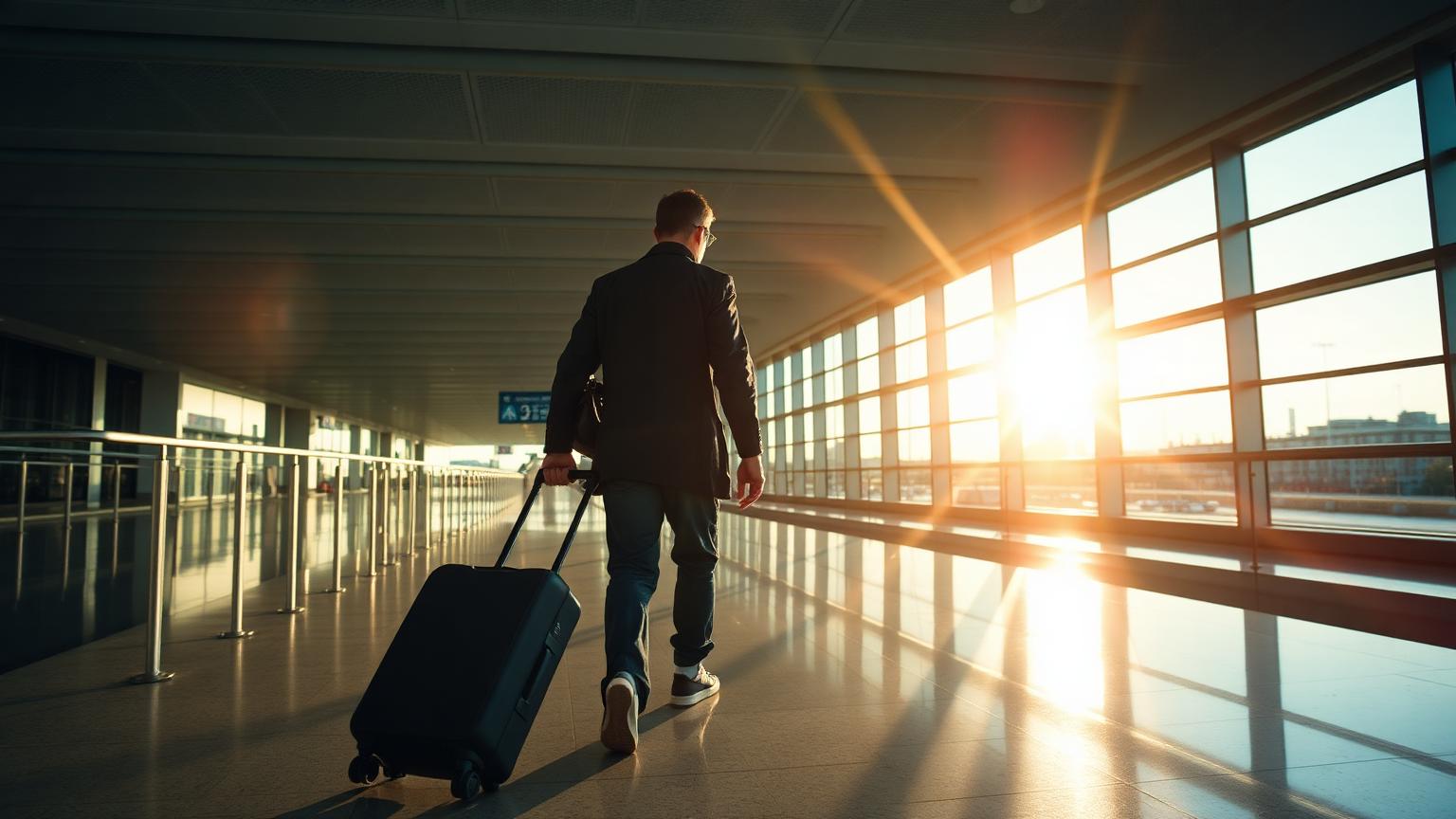 Traveler pulling a suitcase through an airport terminal at sunrise
