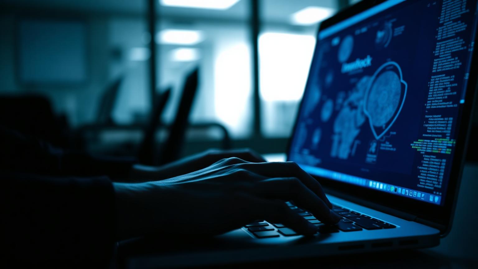 Close-up of hands typing on a laptop with security theme