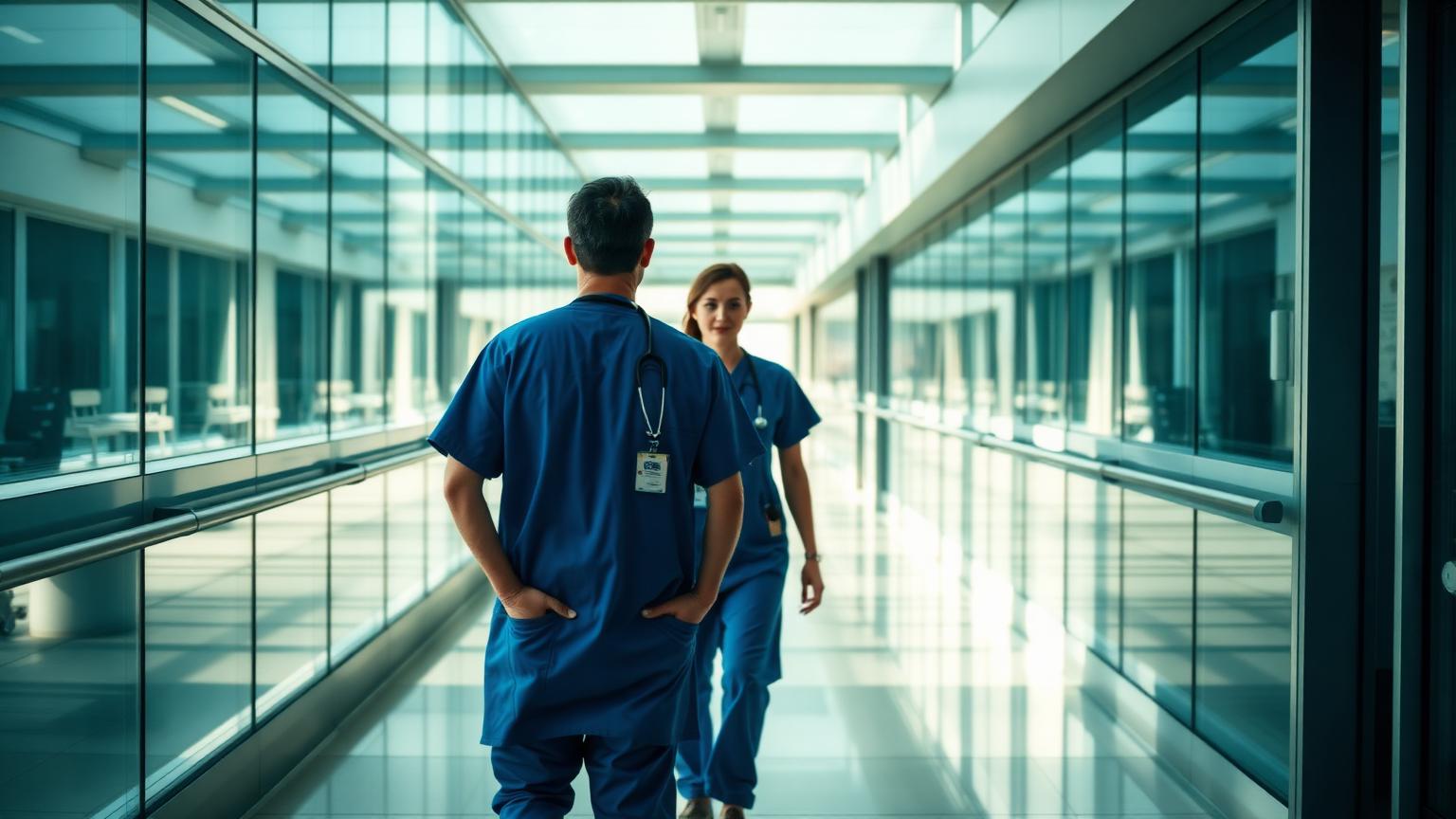 Two doctors walking through a modern hospital corridor