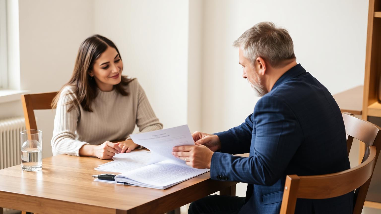 Couple sitting at a dining table reviewing life insurance documents with a planner