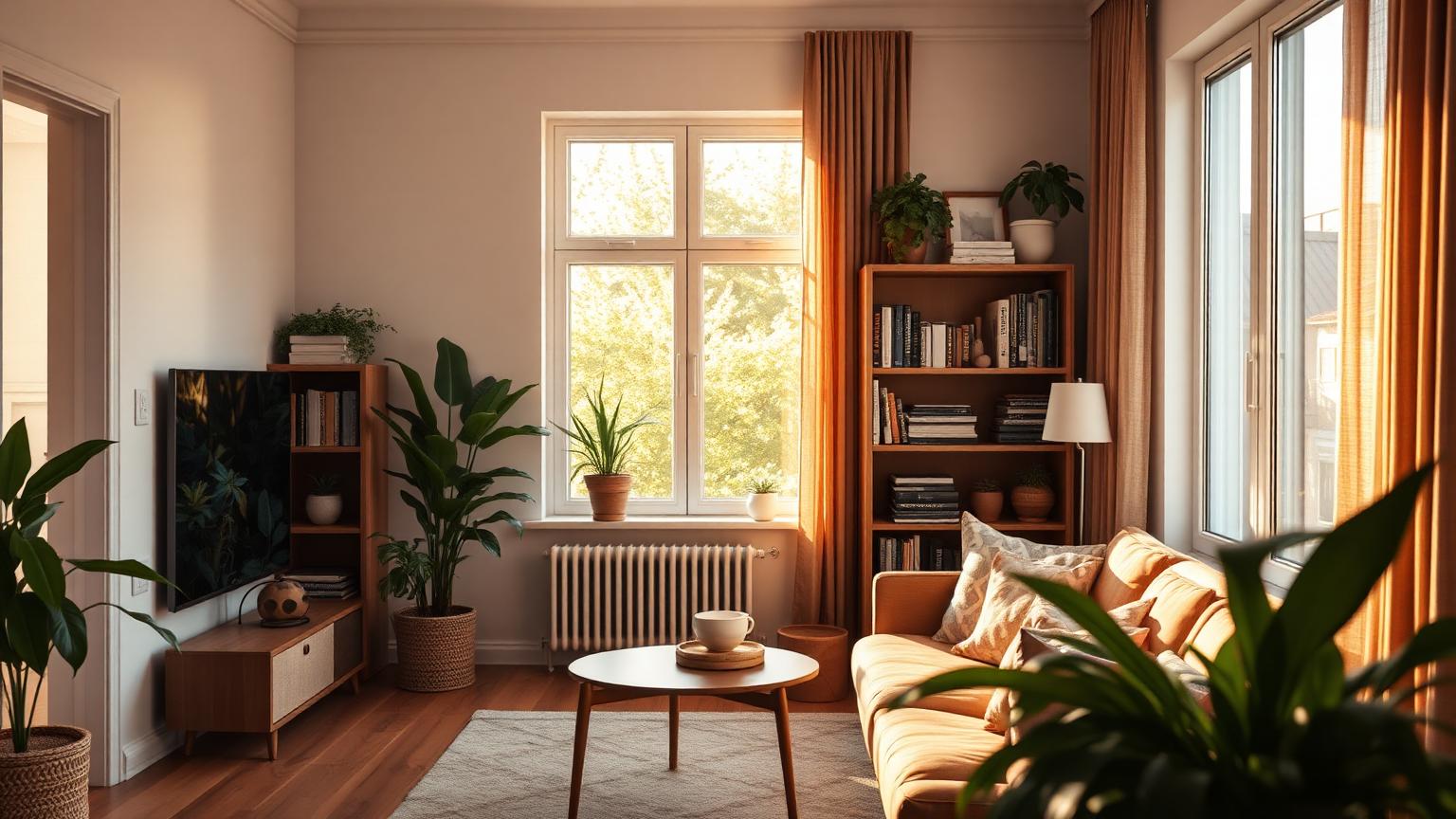 Cozy modern apartment interior with plants and warm light