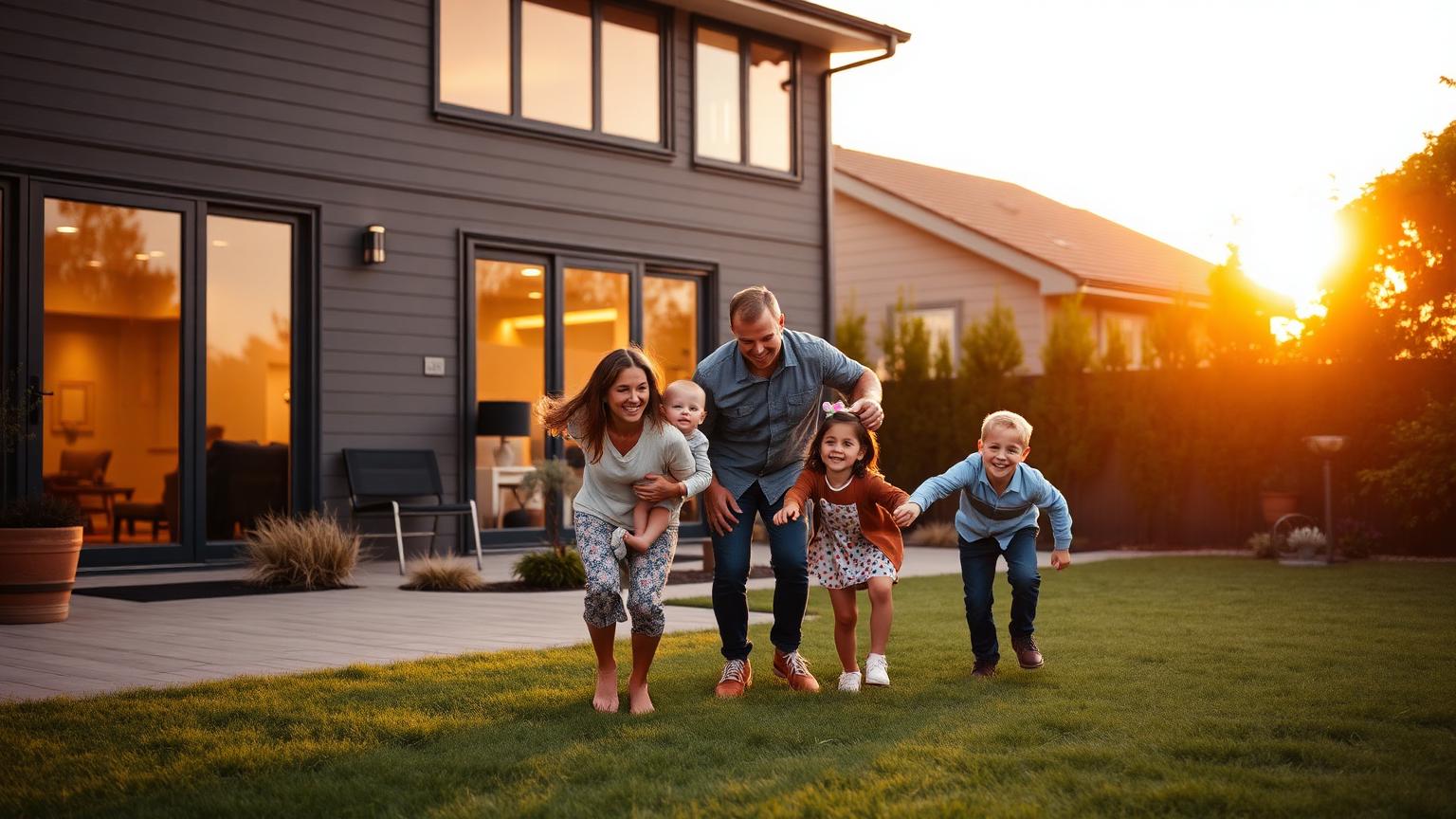 Family playing together in a backyard at golden hour